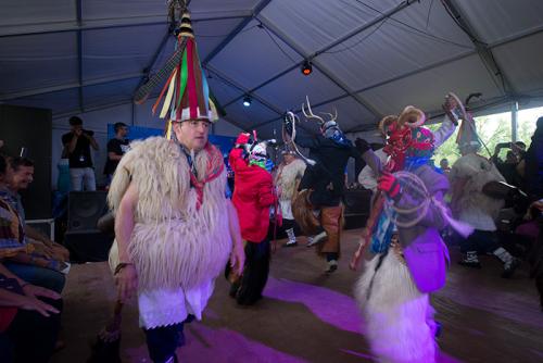 The Basque Joaldunak and the Californian Mixteco groups performed together for the first time today in the Sounds of California Stage &amp; Plaza. Photo by Walter Larrimore, Ralph Rinzler Folklife Archives