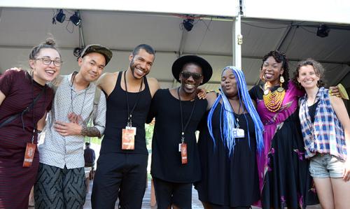 Members of Youth Speaks gather after their performance: (L-R) Isabella Borgeson, Smithsonian Asian Pacific American Center curator Adriel Luis, the gabrielanthony duo, Tassiana Willis, Antique, and Natasha Huey. Photo by Ravon Ruffin, Ralph Rinzler Folkli