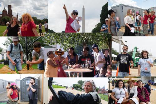Collage of nine photos of people working outdoors: speaking into a megaphone, building sign frames, walking down the National Mall, riding in golf carts, and laughing.