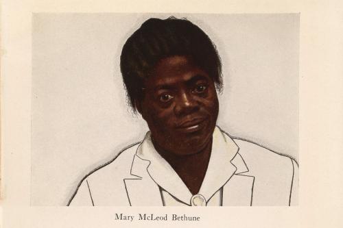 Realistic illustration of a woman with dark hair in cornrows and tied back wearing a white suit, smiling slightly.