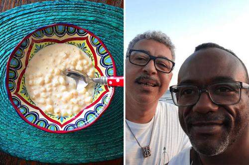 On the left, a bowl of creamy white pudding in a colorful patterned bowl, with a bright red spoon sticking out and bright turquoise placemat underneath. On the right, two men posing and smiling together, with blue sky and ocean in the background.