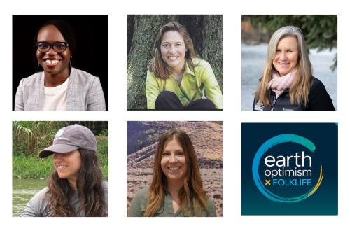 Grid of five headshots and a logo that reads "Earth Optimism."
