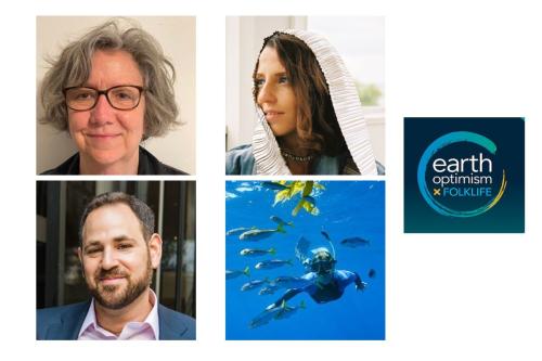 Grid of four headshots and a logo that reads "Earth Optimism."