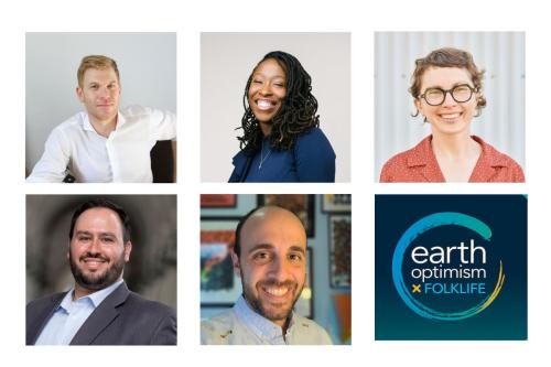 Grid of five headshots and a logo that reads "Earth Optimism."
