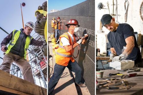 Three images side by side, from left: A man in a hard hat and yellow safety vest leans over stone sculpture, with scaffolding behind him; a man in hard hat, orange safety vest, and face mask drills letters into a stone wall; a man in black shirt and hat and safety glasses carves at a piece of white stone.