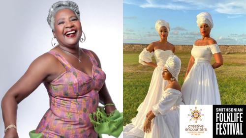 A woman in a patterned pink dress on the left; three women in white dresses and head wraps on the right.
