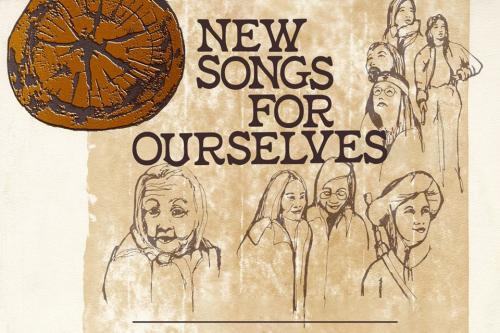 Collage-style artwork shows line drawings of young and old Asian people on a mottled tan background, with the words NEW SONGS FOR OURSELVES