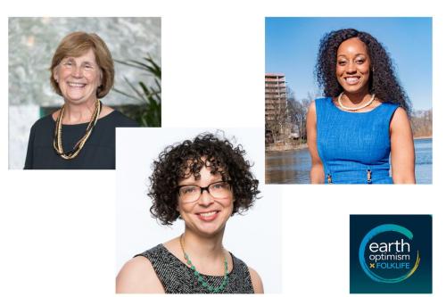 Collage of three headshots and a logo that reads "Earth Optimism."