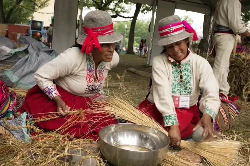 Rope braiders Alejandrina de Mamani and Alejandrina Puma pound the gathered and dried grasses prior to twisting them into rope.